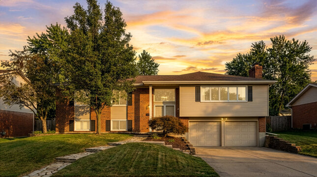 Split level house at sunset with brick facade and large trees