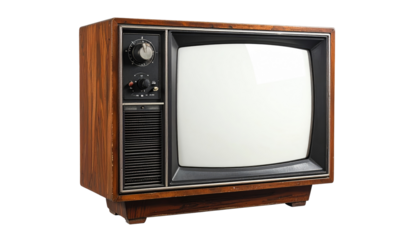 Vintage wood-paneled television with a bright, blank screen, against a black background
