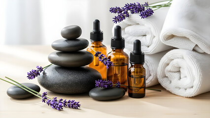 Serene spa arrangement featuring stacked basalt stones essential oils and fresh lavender sprigs with white towels