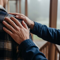 Fototapeta premium Concept of men's mental health and friendship featuring comforting gestures and serious dialogue in a peaceful outdoor setting.