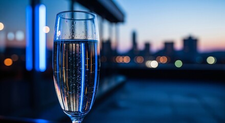Close up of a sparkling champagne flute filled with effervescent bubbles against a blurred city skyline at dusk