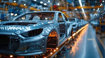 A futuristic automotive assembly line showing partially assembled car frames in a brightly lit factory setting.