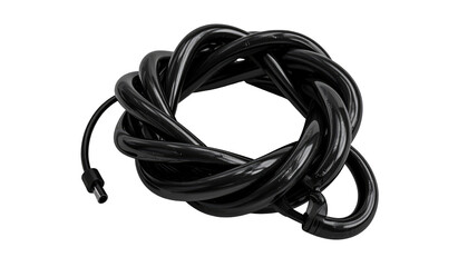 Black, glossy cable coiled and knotted, creating a complex abstract shape against a dark background, with subtle lighting