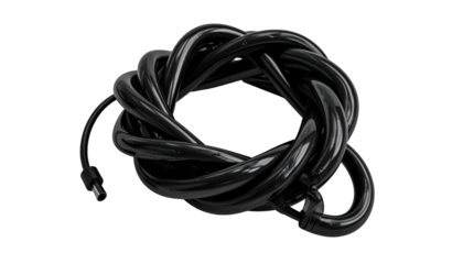 Black, glossy cable coiled and knotted, creating a complex abstract shape against a dark background, with subtle lighting