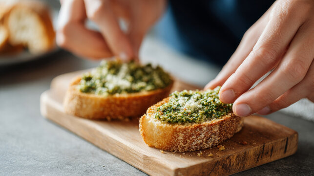Close-up of hands preparing fresh pesto spread on toasted rustic bread slices on wooden cutting board in kitchen setting - Powered by Adobe
