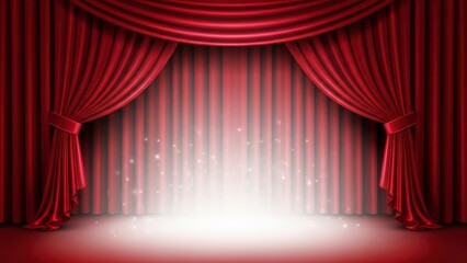 Red velvet theater stage curtains with spotlight and shimmering dust particles.