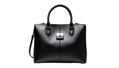 Stylish black satchel with smooth leather, metal accents, and practical handles on a dark background