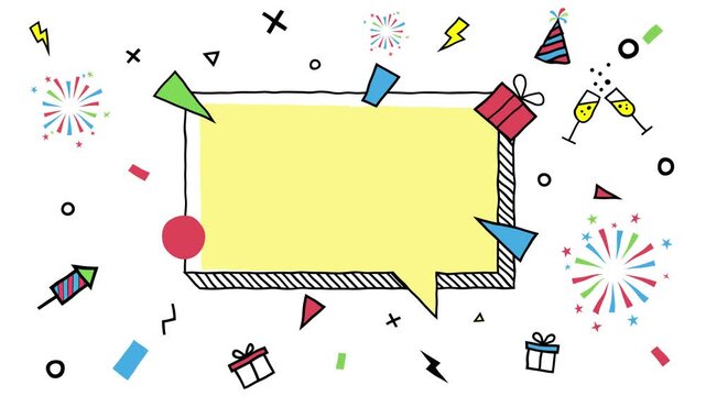 4K Festive Pop Art Speech Bubble Animation with Fireworks and Party Icons, illustration, vector