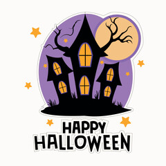 A cartoon creepy house with three towers standing on a hill. The windows of the houses glow yellow. In the background is a full yellow-orange moon and bare, branchy trees.