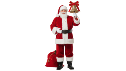Full Length Traditional Santa Claus ringing a large golden Christmas bell isolated on Transparent Background