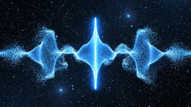 Seamless loop of a vibrant blue energy wave propagating across a dark cosmic field filled with bright microscopic particles in abstract motion science fiction, looping, plasma