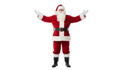 Santa Claus in Full Costume Standing with Arms Open in Welcoming Gesture isolated on Transparent Background
