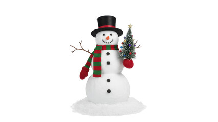 Festive Christmas Snowman decoration wearing Top Hat and Scarf, holding miniature Christmas tree isolated on Transparent Background