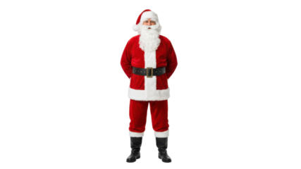Santa Claus in full traditional red costume standing with hands behind his back isolated on Transparent Background
