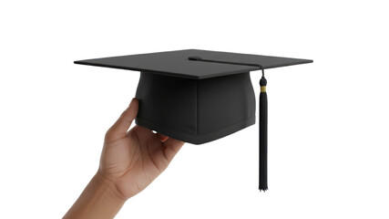 Hand holding black graduation cap (mortarboard) with tassel, isolated studio photo isolated on Transparent Background
