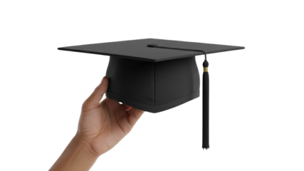 Hand holding black graduation cap (mortarboard) with tassel, isolated studio photo isolated on Transparent Background
