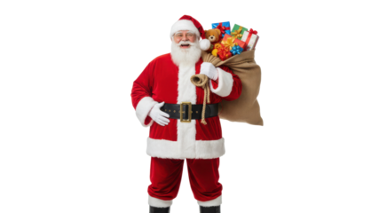 Happy Santa Claus standing and carrying a large sack full of colorful Christmas presents and toys isolated on Transparent Background
