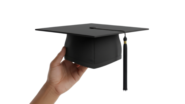 Hand holding black graduation cap (mortarboard) with tassel, isolated studio photo isolated on Transparent Background - Powered by Adobe