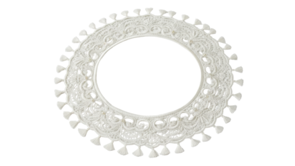 White Circular Lace Frame Vector with Tassels. Isolated Boho Style Border Graphic. isolated on Transparent Background
