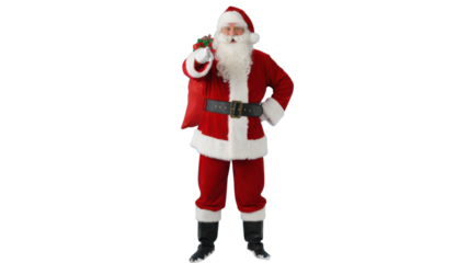 Full body traditional Santa Claus carrying a red gift sack on his shoulder isolated on Transparent Background