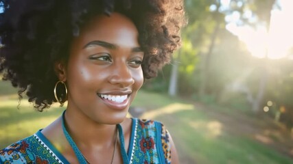 Joyful african american woman with afro hair smiling and recording a video of herself in a park. Warm sunlight creating a beautiful flare