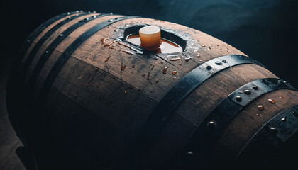 A rustic wooden barrel with metal hoops holds potential. Dark, moody lighting enhances the aged character. Ideal for themes of craftsmanship, tradition, or beverages.