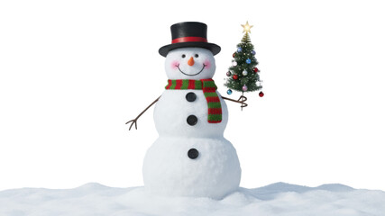 Photorealistic Snowman Character wearing Top Hat and Striped Scarf holding Decorated Christmas Tree on Snow isolated on Transparent Background