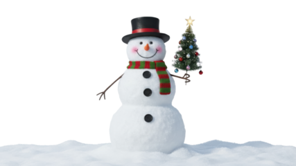 Photorealistic Snowman Character wearing Top Hat and Striped Scarf holding Decorated Christmas Tree on Snow isolated on Transparent Background