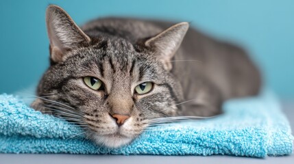 Tabby cat resting on blue towel