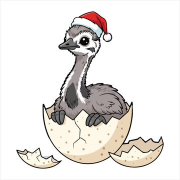 Cute baby emu hatching from an egg wearing a Santa hat, perfect for Christmas themes