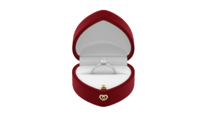 Open Luxury Red Velvet Heart Shaped Proposal Box with Diamond Ring Product Shot isolated on Transparent Background