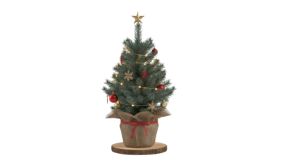 Small Tabletop Miniature Christmas Tree Decoration with Star and Red Baubles isolated on Transparent Background