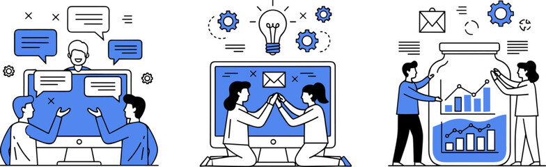 Teamwork, virtual collaboration, idea generation, business intelligence, online meeting, data analysis, productivity tools, innovation, communication, modern workplace, vector illustration