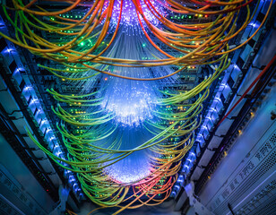Fiber optic cables illuminate a server room, symbolizing data flow and connectivity. Ideal for tech, internet, or communication themes. Modern, vibrant.