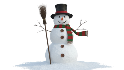 Detailed 3D Render of a Classic Snowman Figure with Top Hat and Striped Scarf Holding a Broom isolated on Transparent Background