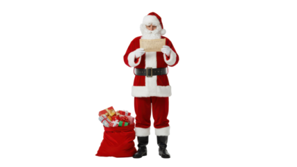 Traditional Santa Claus Reading a Christmas Wish List Letter Next to a Full Sack of Presents isolated on Transparent Background
