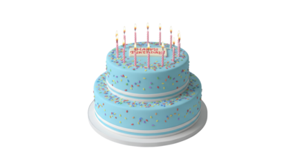 Two Tier Light Blue Birthday Cake with Lit Pink Candles and Happy Birthday Topper isolated on Transparent Background