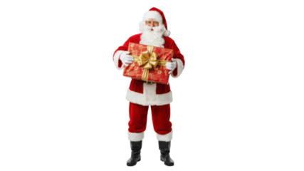 Full Length Santa Claus holding a large red and gold Christmas gift box isolated on Transparent Background