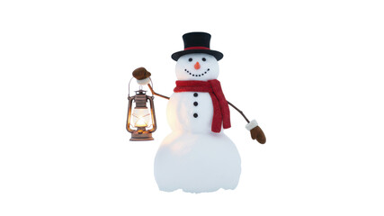 Christmas Snowman Character in Top Hat and Red Scarf Holding Vintage Glowing Lantern isolated on Transparent Background