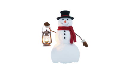 Christmas Snowman Character in Top Hat and Red Scarf Holding Vintage Glowing Lantern isolated on Transparent Background
