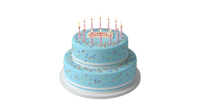 Two Tier Light Blue Birthday Cake with Lit Pink Candles and Happy Birthday Topper isolated on Transparent Background - Powered by Adobe