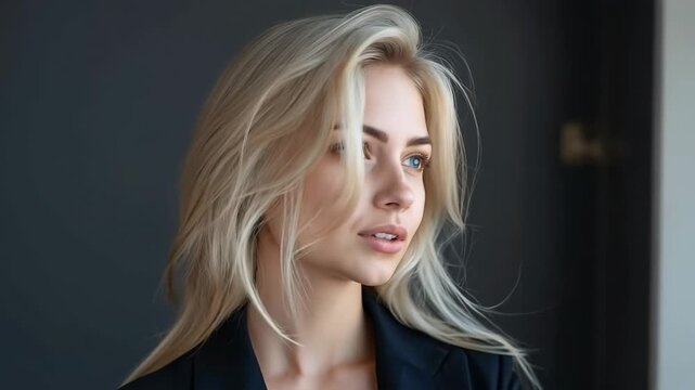 Portrait of a young confident businesswoman with blue eyes and blonde hair blowing in the wind. She is smiling against a dark background