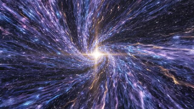 Seamless loop of brilliant abstract energy threads rapidly converging and funneling into a bright central singularity point in the dark digital void graphic, big data, power