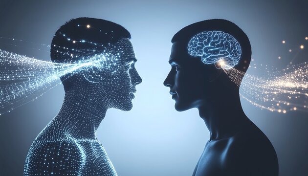 Brain Power: The image captures two human heads face each other, showcasing the intricate web of neural networks that define intelligence and the transfer of information.