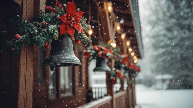 Beautiful christmas decorations with bells and red poinsettia hanging on a wooden porch during a heavy snowfall in a winter forest