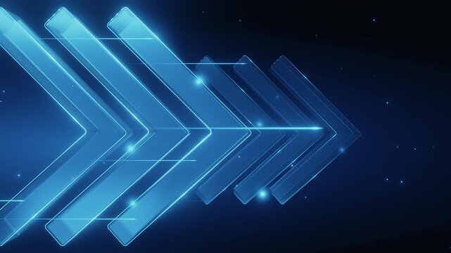 3D render: Glowing blue abstract arrows moving right. Digital technology background, data flow, progress concept. Modern futuristic backdrop for presentations, video, business. Dynamic motion