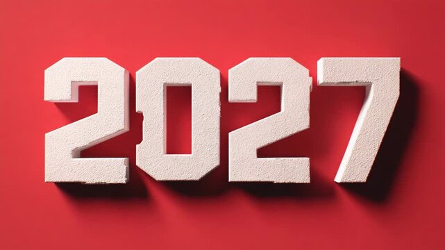 Stop motion animation of white styrofoam numbers forming the year 2027 on a bright red background. Festive concept for a new year greeting