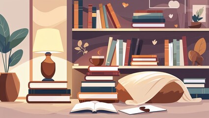Cozy Reading Nook: A Serene Evening with Books and Warm Light