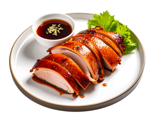 Sliced roasted chicken with a glossy glaze, served with a savory soy sauce on a white plate.