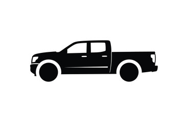 A sleek black silhouette icon of a four-door pickup truck viewed from the side profile
